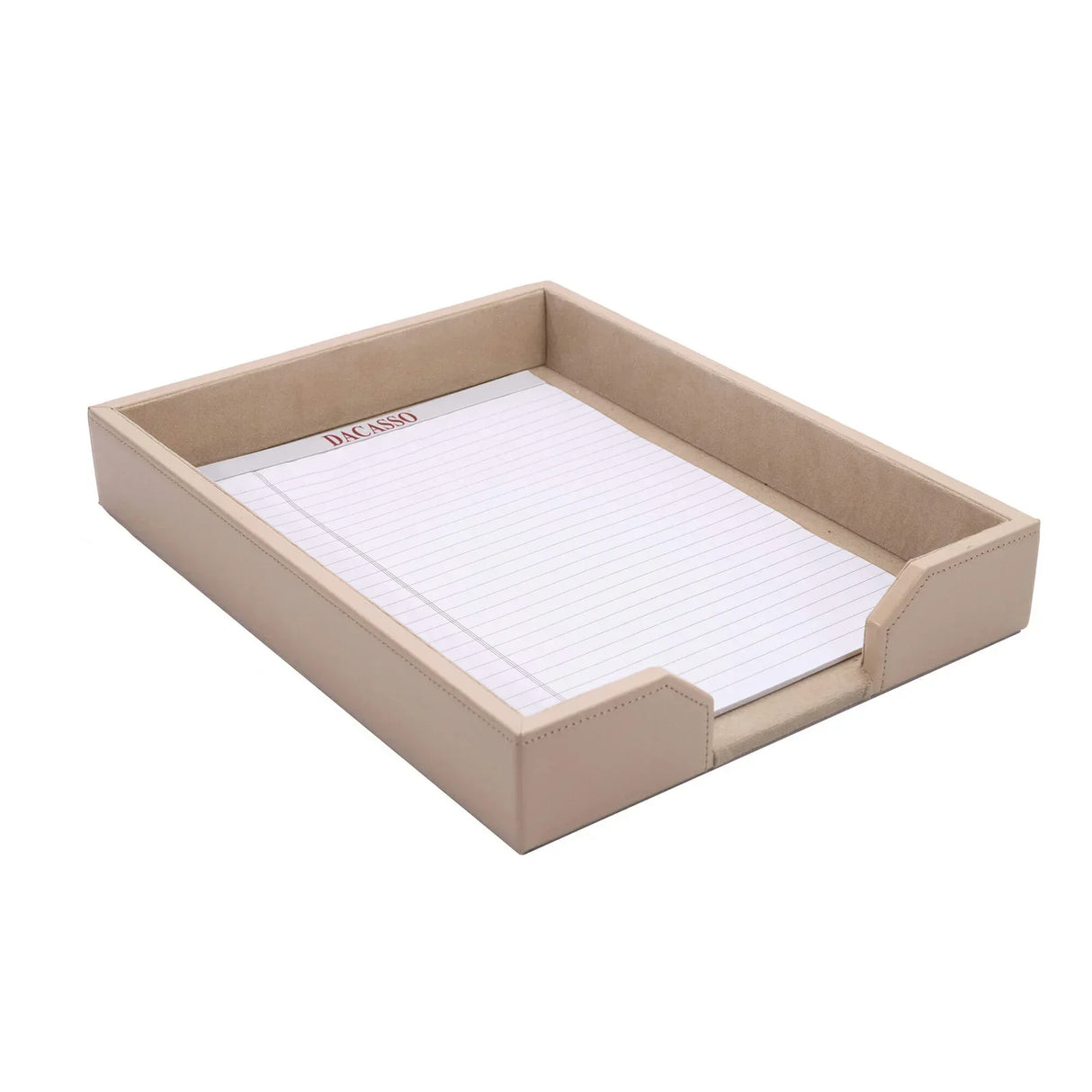 White bonded leather letter tray with tan suede interior, holding lined notepad
