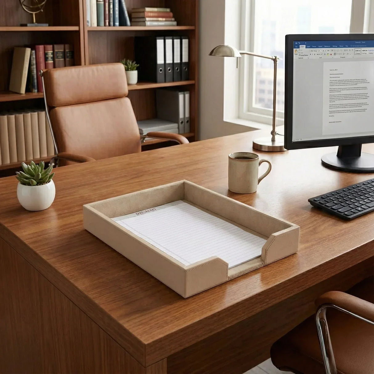 White leather letter tray with paper on a modern wood office desk, computer and coffee