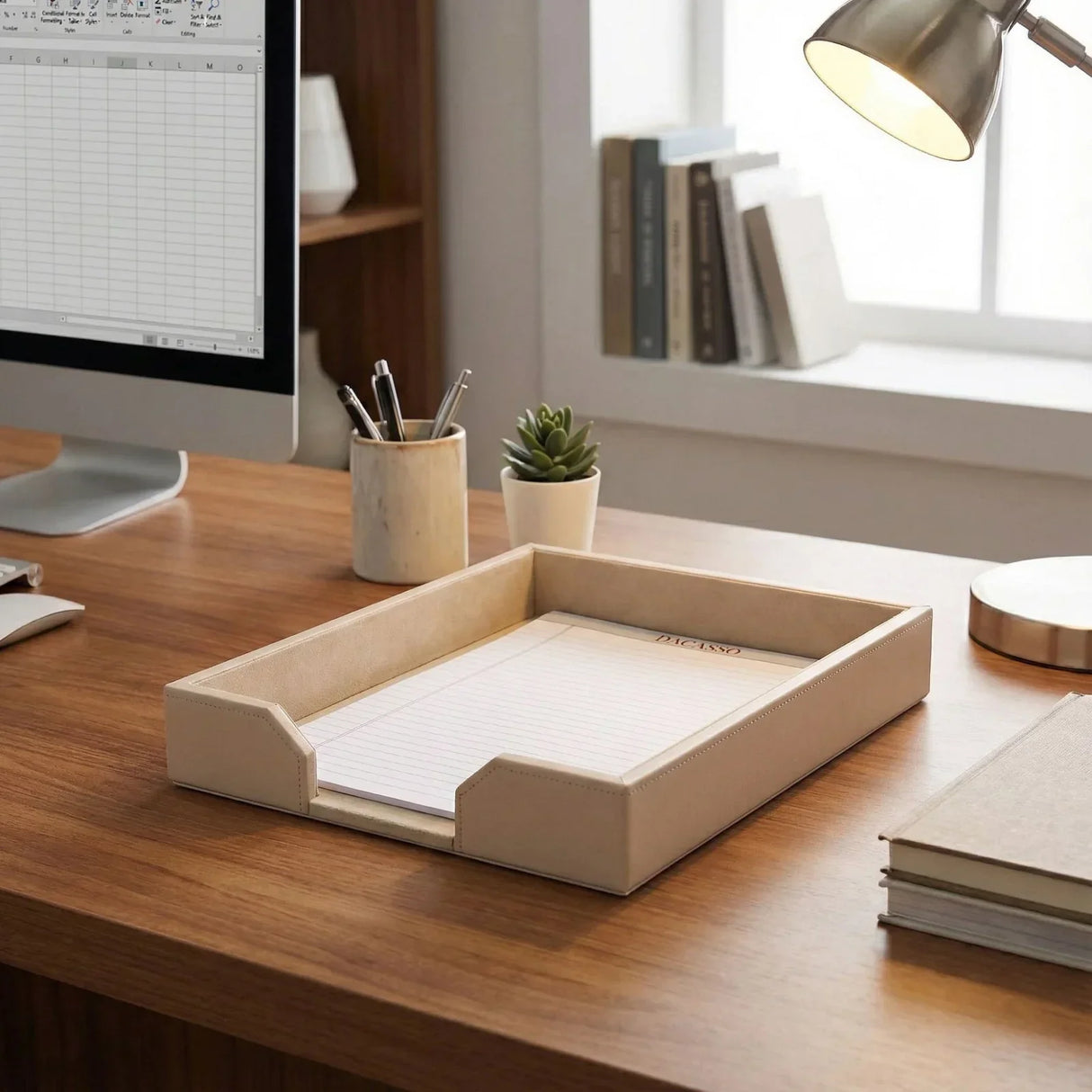 White leather letter tray with notepad on modern office desk, next to computer and lamp