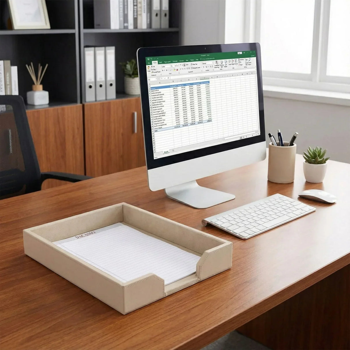 White leather letter tray with paper on modern office desk, next to computer and accessories