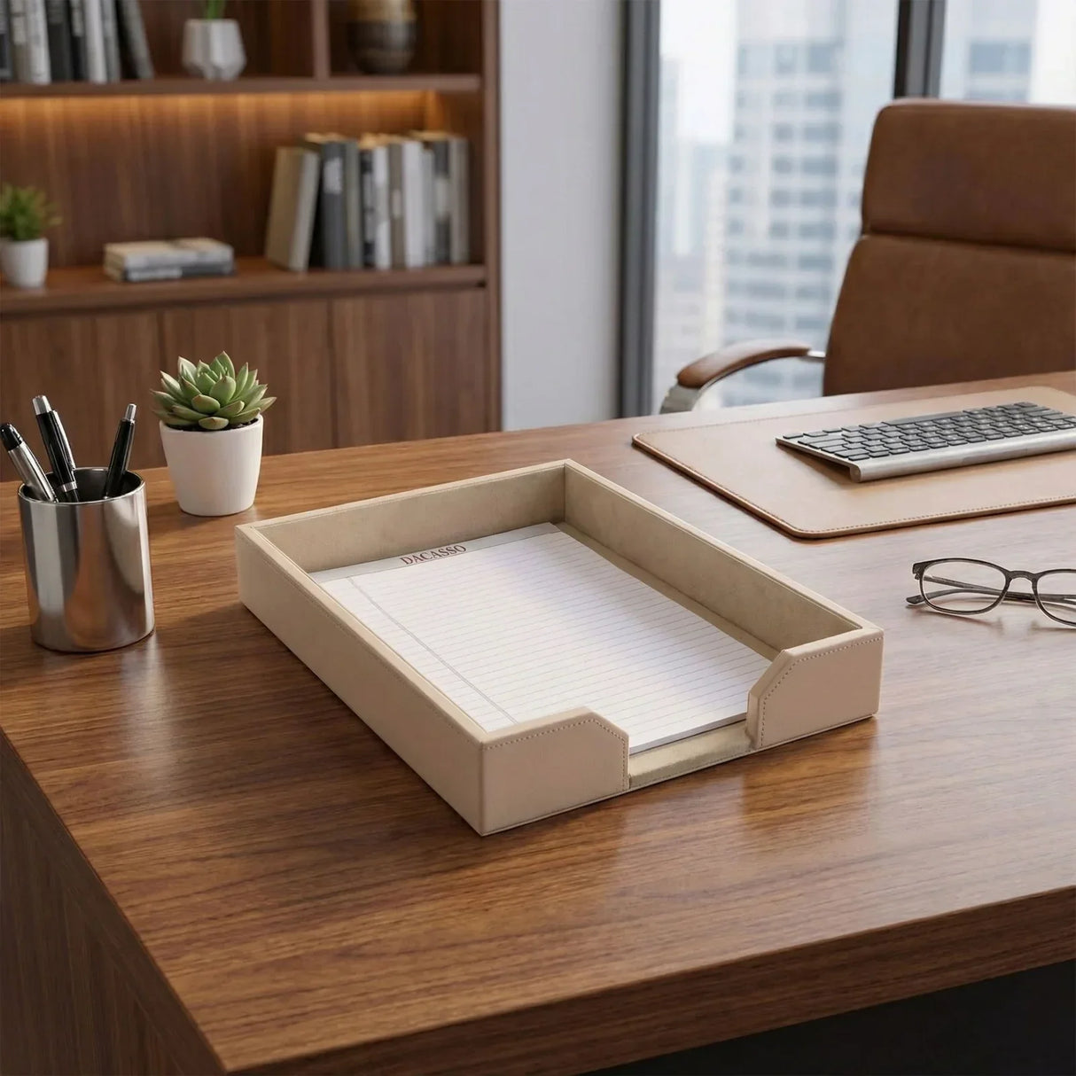 White bonded leather letter tray on modern office desk with notepad