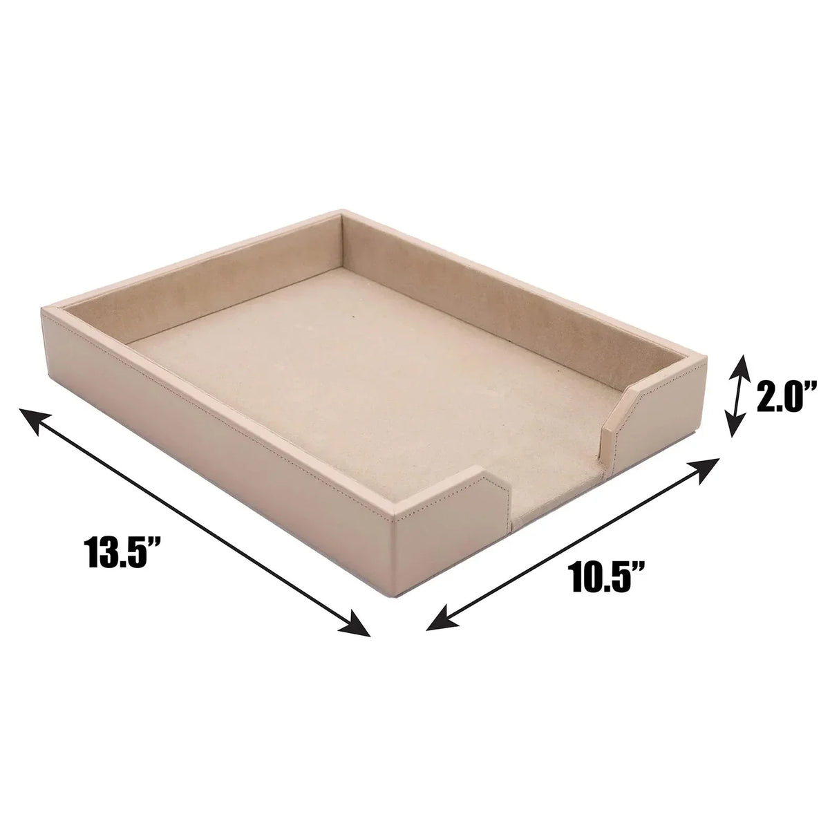 White latte bonded leather letter tray with suede interior and dimensions labeled 13.5 x 10.5 x 2 inches