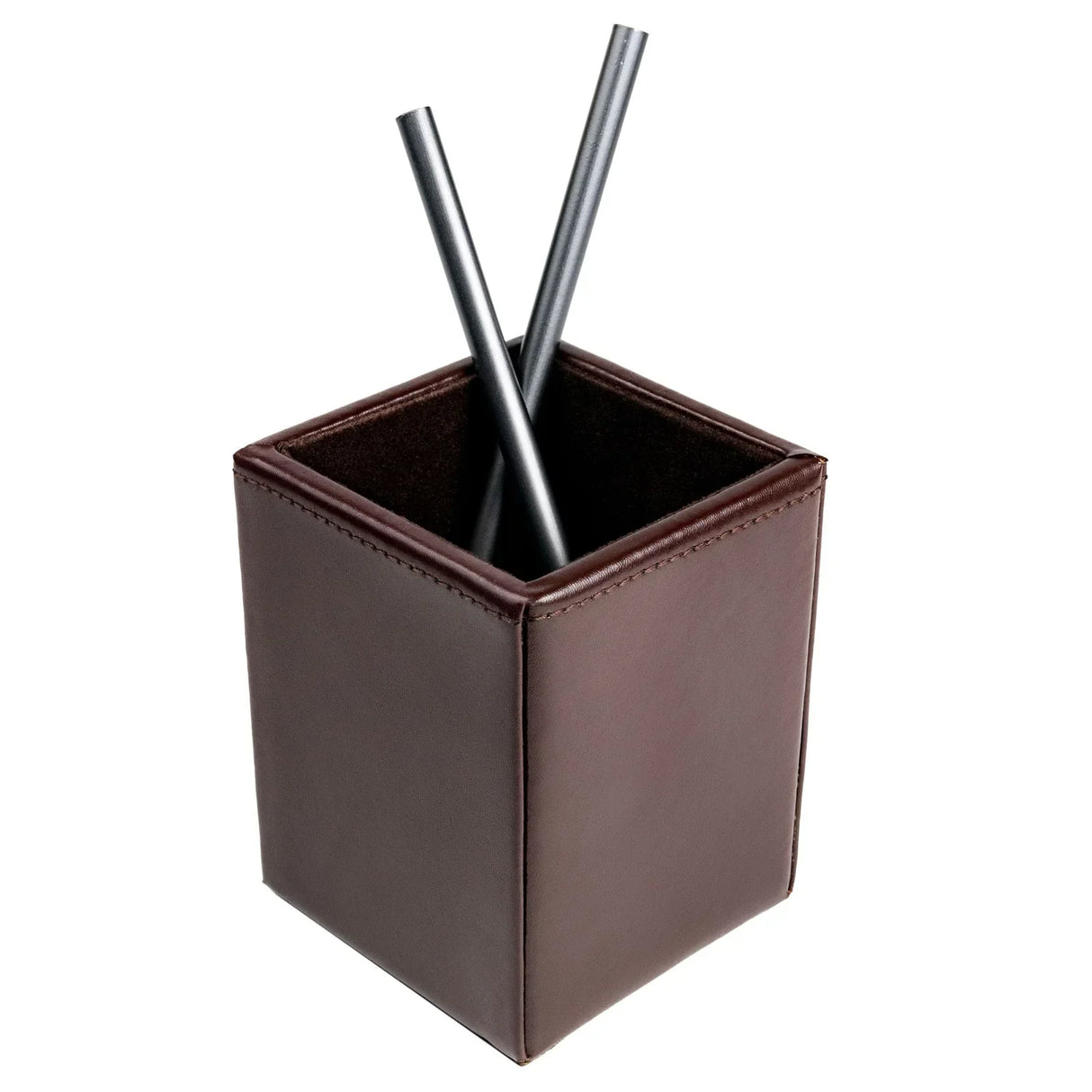 Dark brown bonded leather pencil cup with two black pencils on a white background