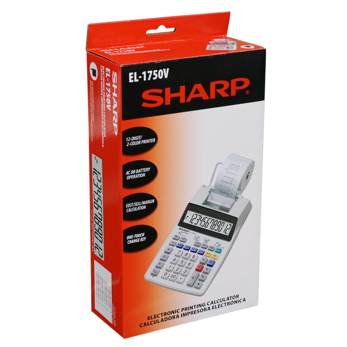 Sharp EL-1750V electronic printing calculator retail box with product features shown