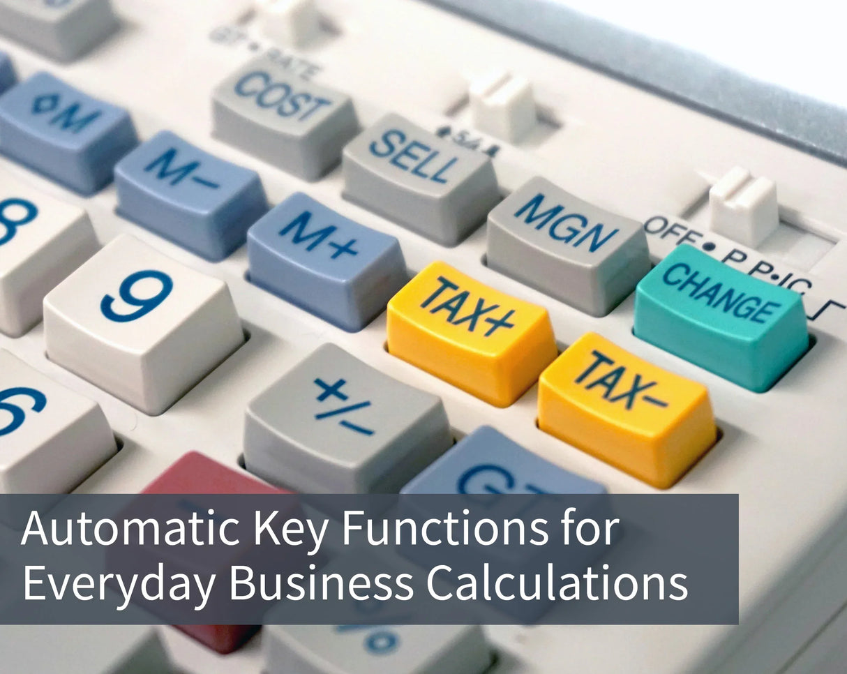 Close-up of calculator keypad with business function keys like TAX+, TAX-, COST, SELL, and CHANGE.