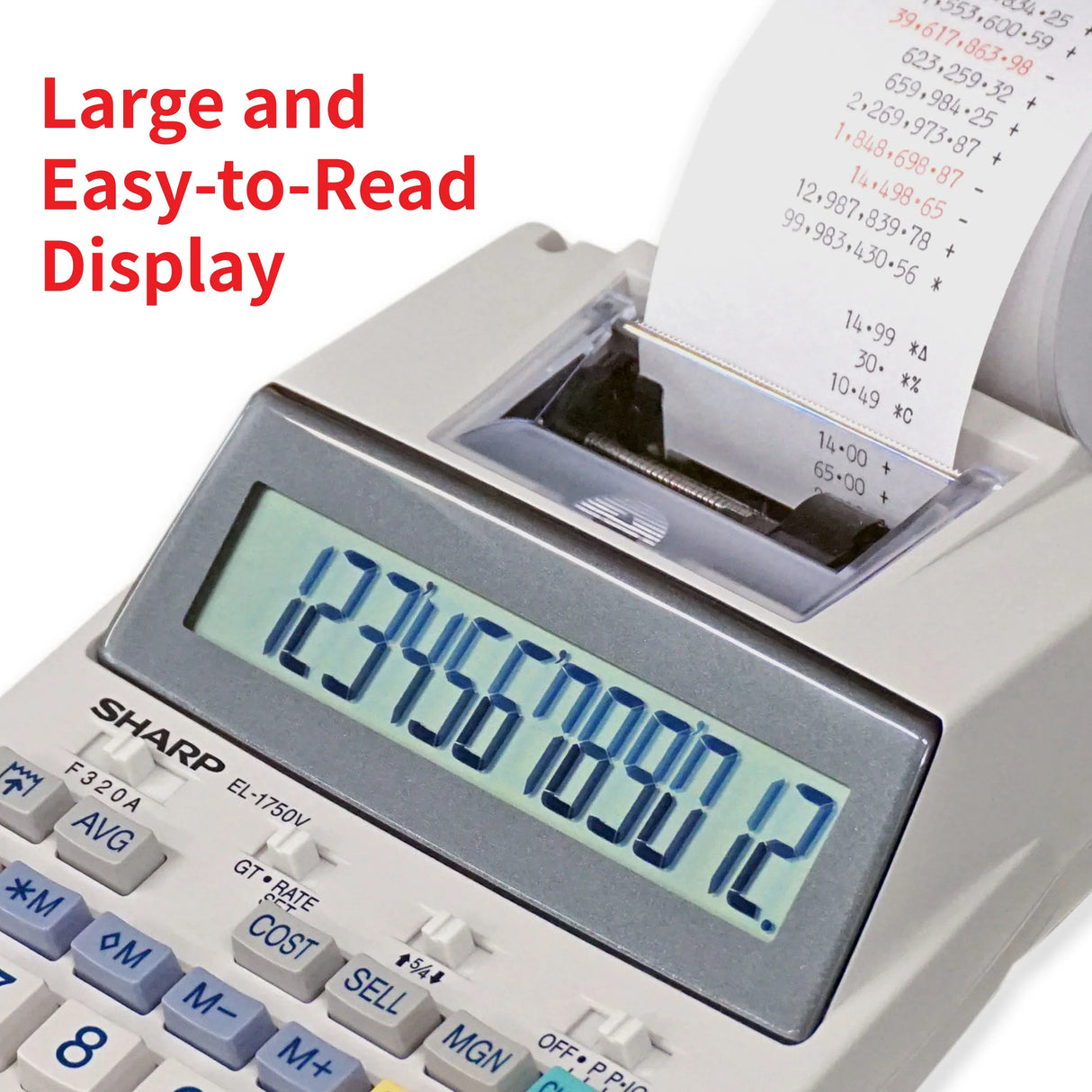 Printing calculator with large, easy-to-read display and paper tape for office or school use