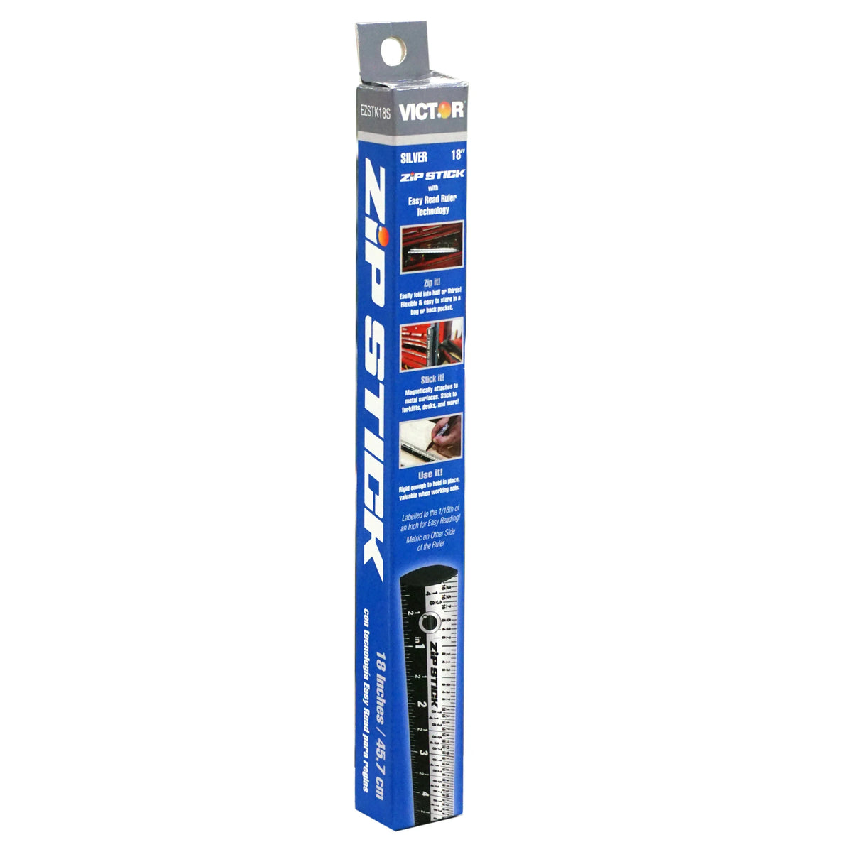 Victor® Zip Stick 18 inch magnetic ruler in blue and white packaging