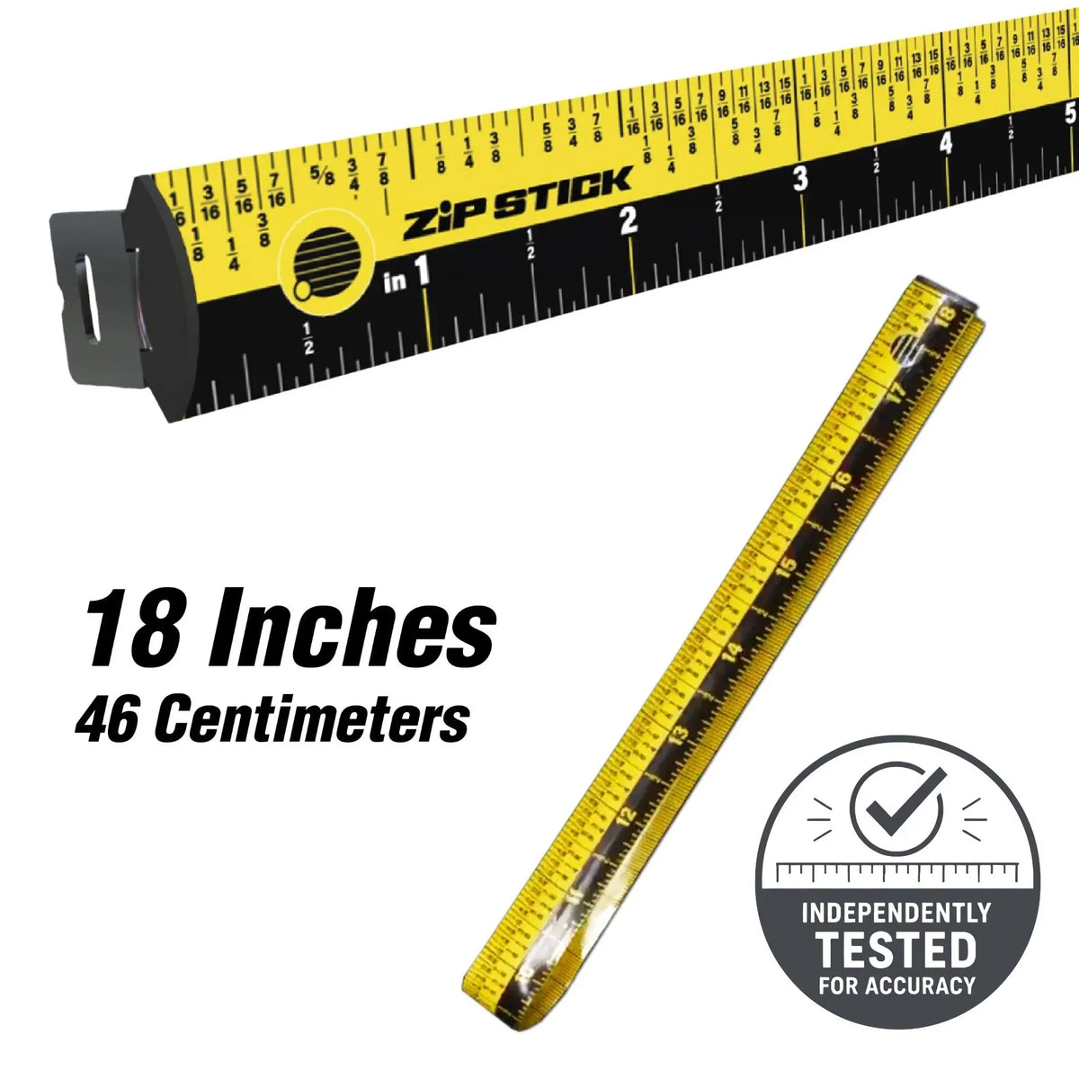 Yellow and black measuring tape with 'Zip Stick' branding on a white background