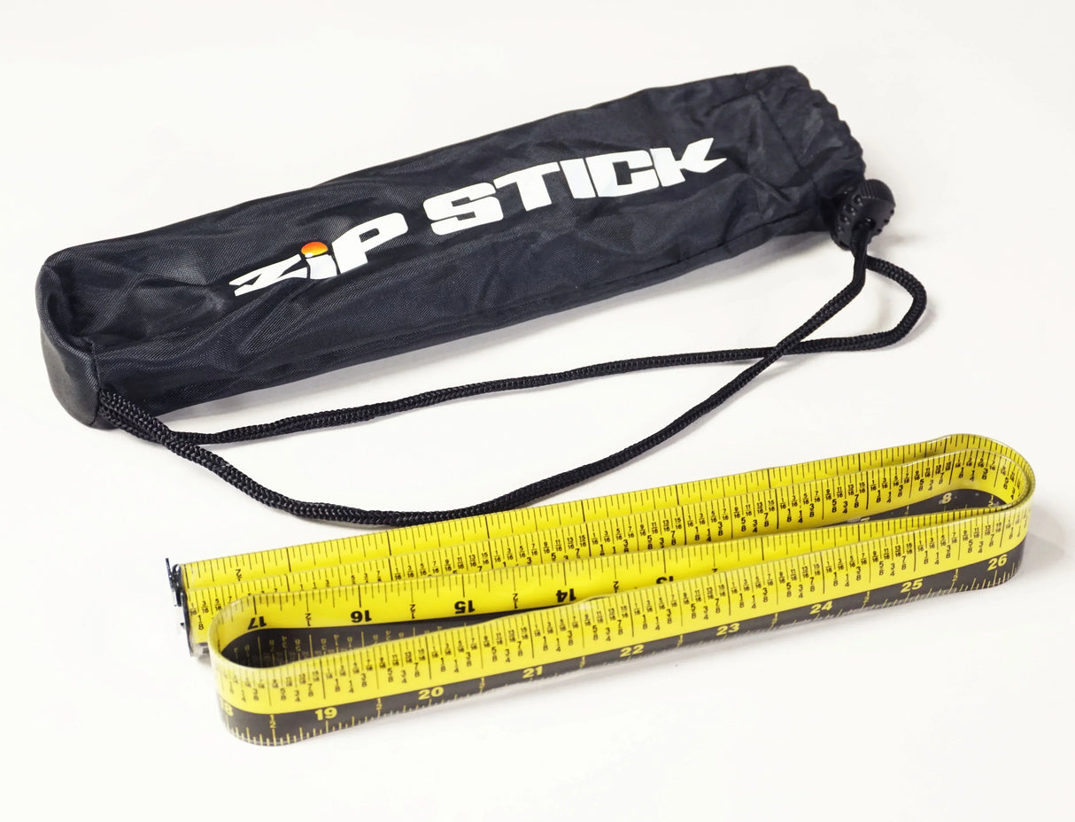 Yellow Zip Stick measuring tape with black carrying case, ideal for office, school, or workspace measurements.
