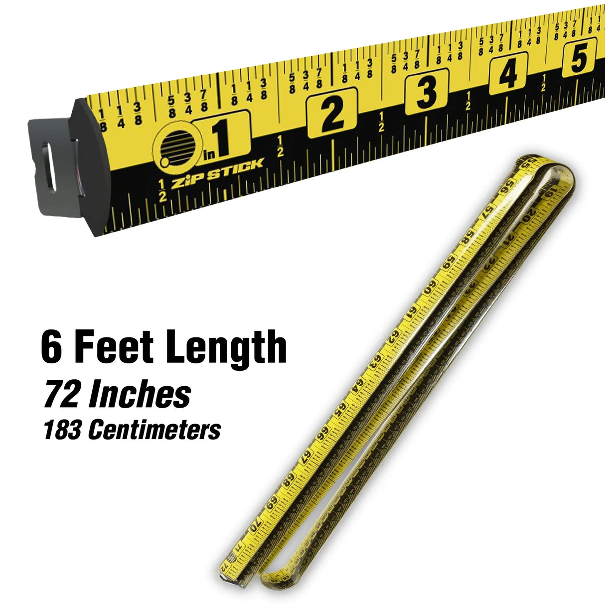 Yellow and black 6-foot flexible measuring tape with inch and centimeter markings, ideal for office or school use.