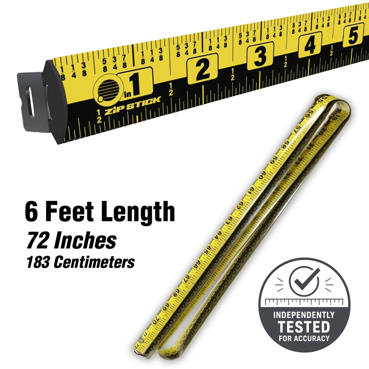 Yellow and black 6-foot flexible measuring tape with inch and centimeter markings, ideal for office or school use.