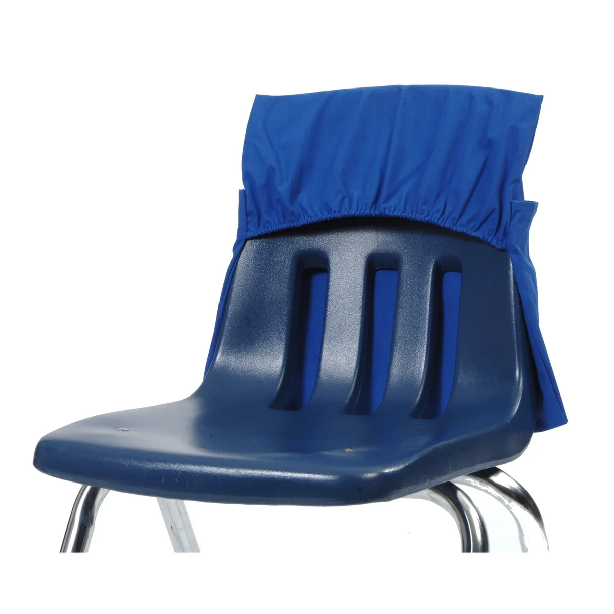 Blue elastic chair back cover on plastic classroom chair