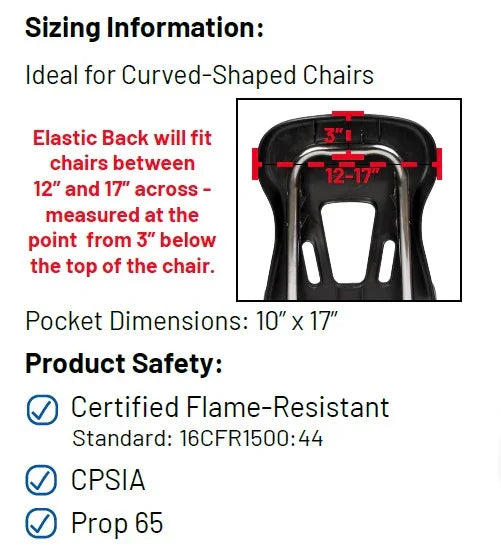Elastic back measurement guide for curved chair, labeled 12-17 inches, with safety certifications listed.