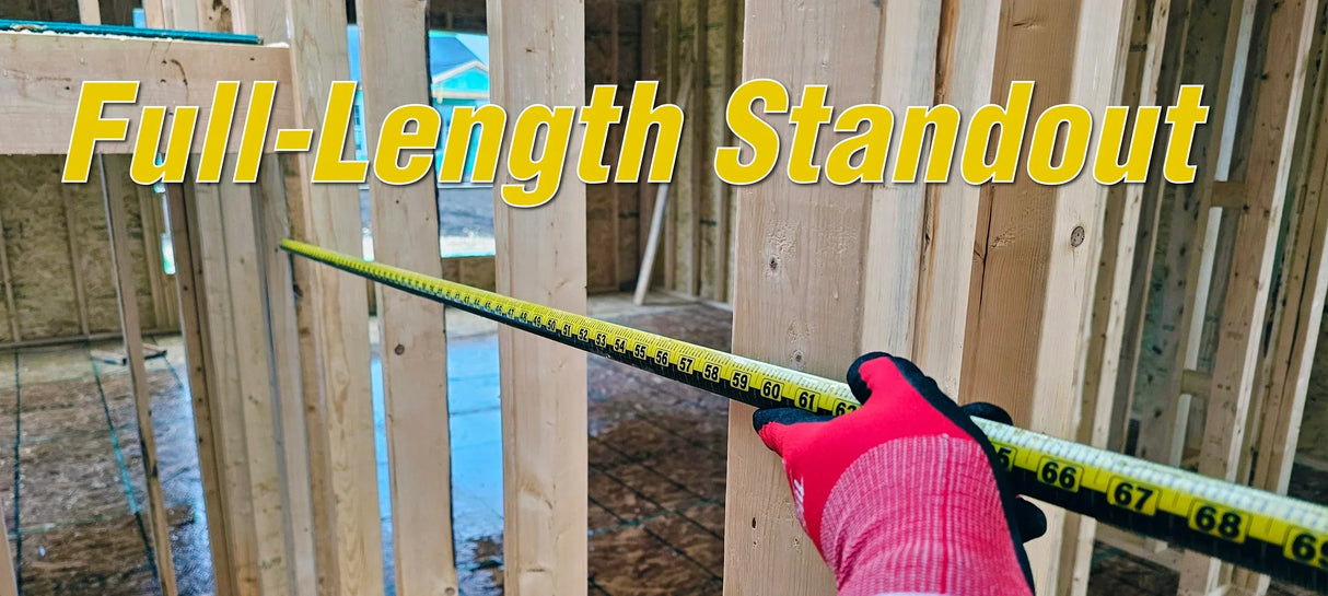 Measuring wooden beams with a tape measure for construction