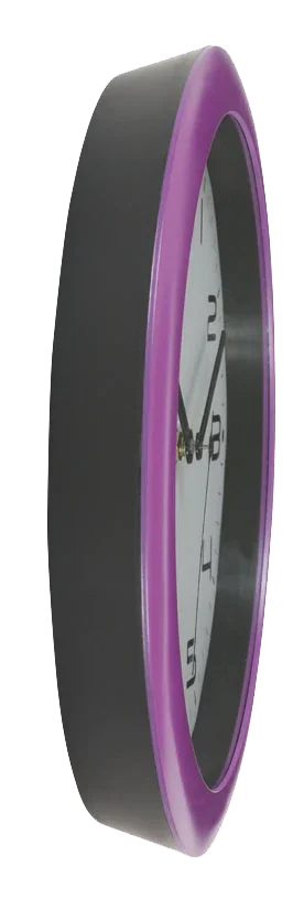 Side view of round wall clock with black frame and purple rim, white clock face visible