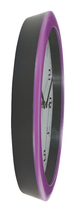 Side view of round wall clock with black frame and purple rim, white clock face visible