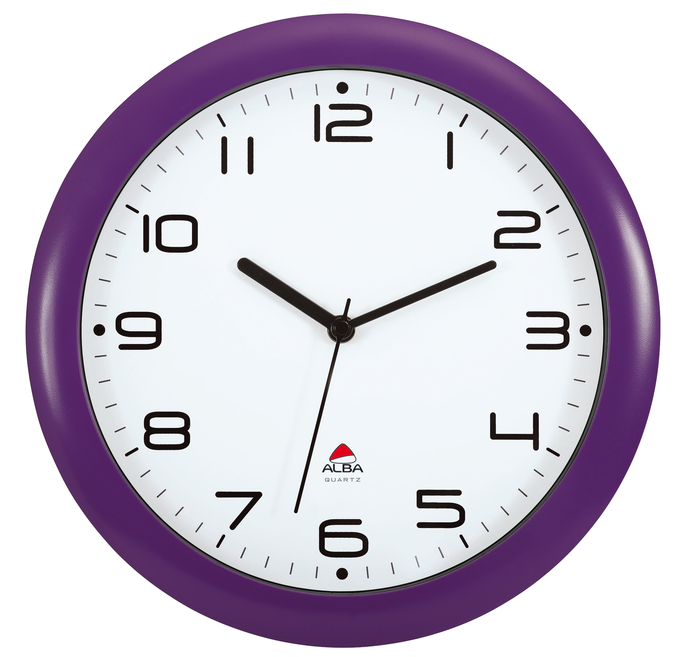Round wall clock with purple frame, white face, black numbers and hands