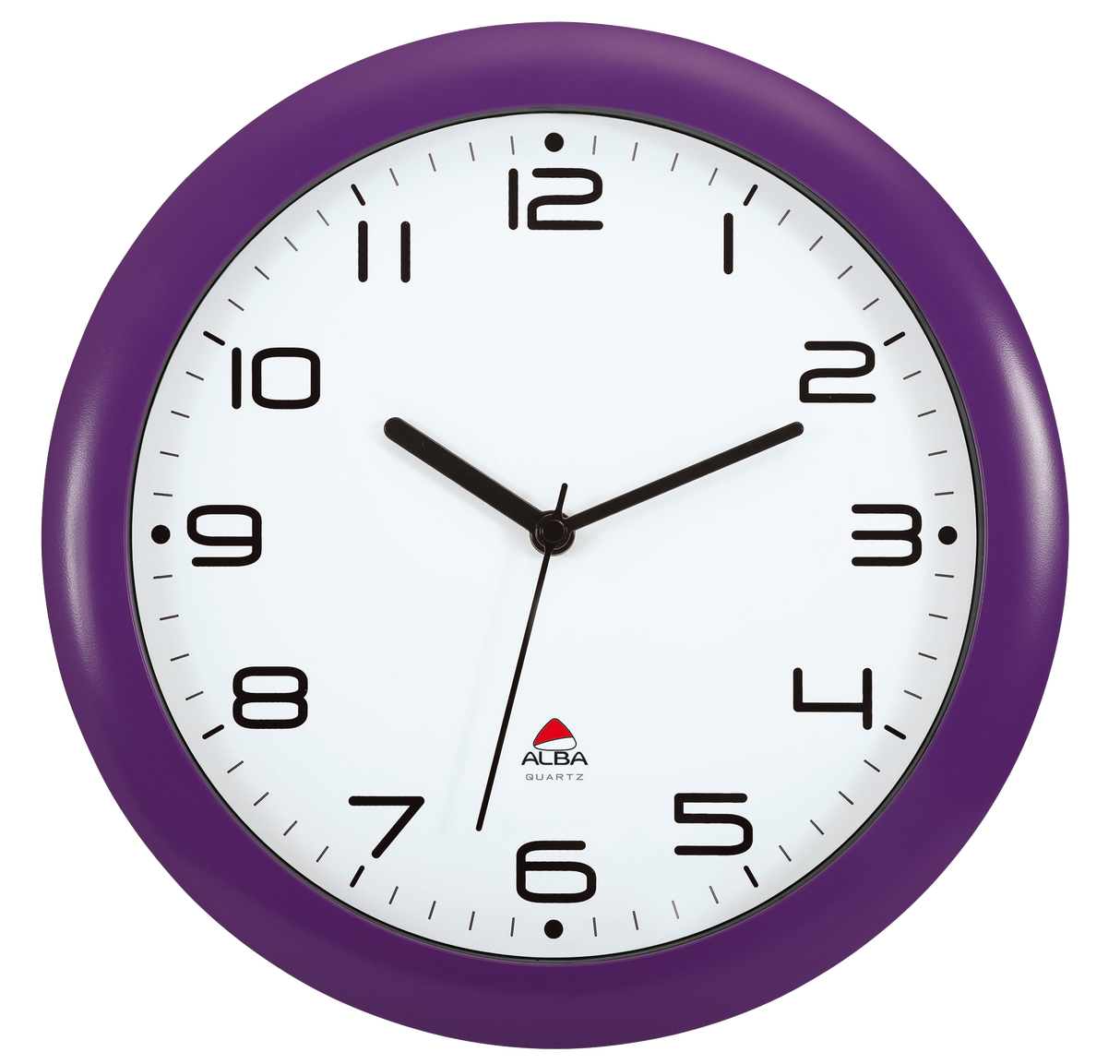 Round wall clock with purple frame, white face, black numbers and hands