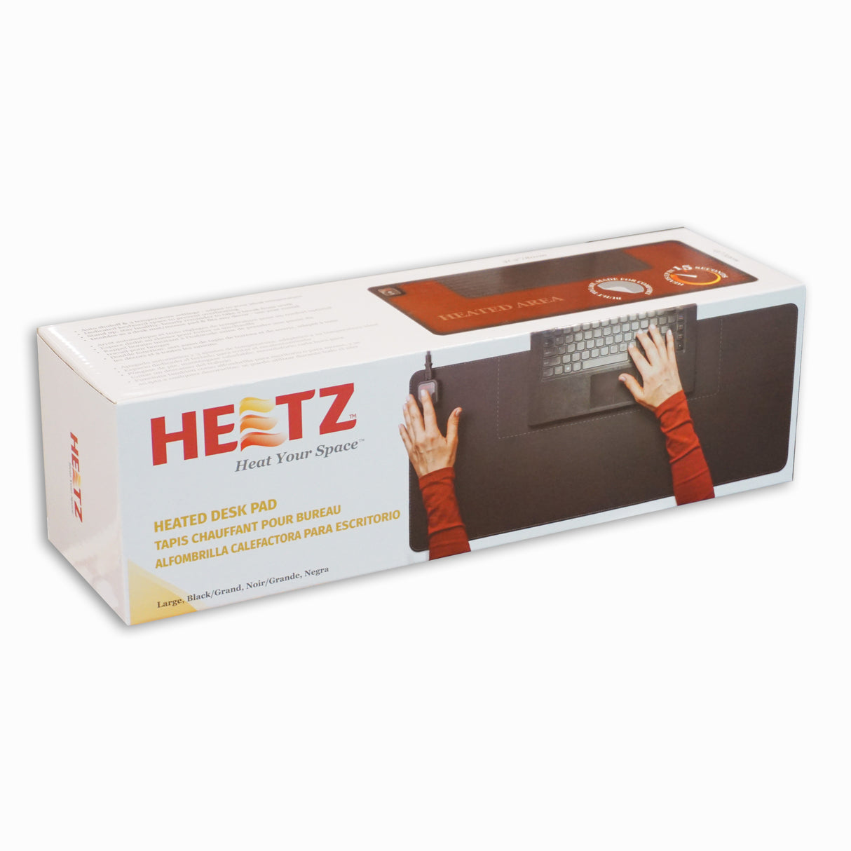 Box packaging for HEATZ heated desk pad showing hands using keyboard and mouse on large black pad