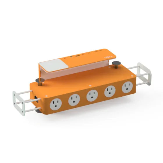 Orange power strip with four outlets, desktop organizer, and cable management features