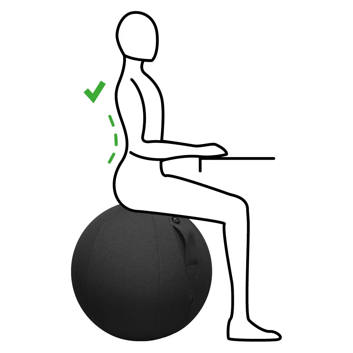 Diagram showing correct ergonomic sitting posture on an Alba Seat Ball.
