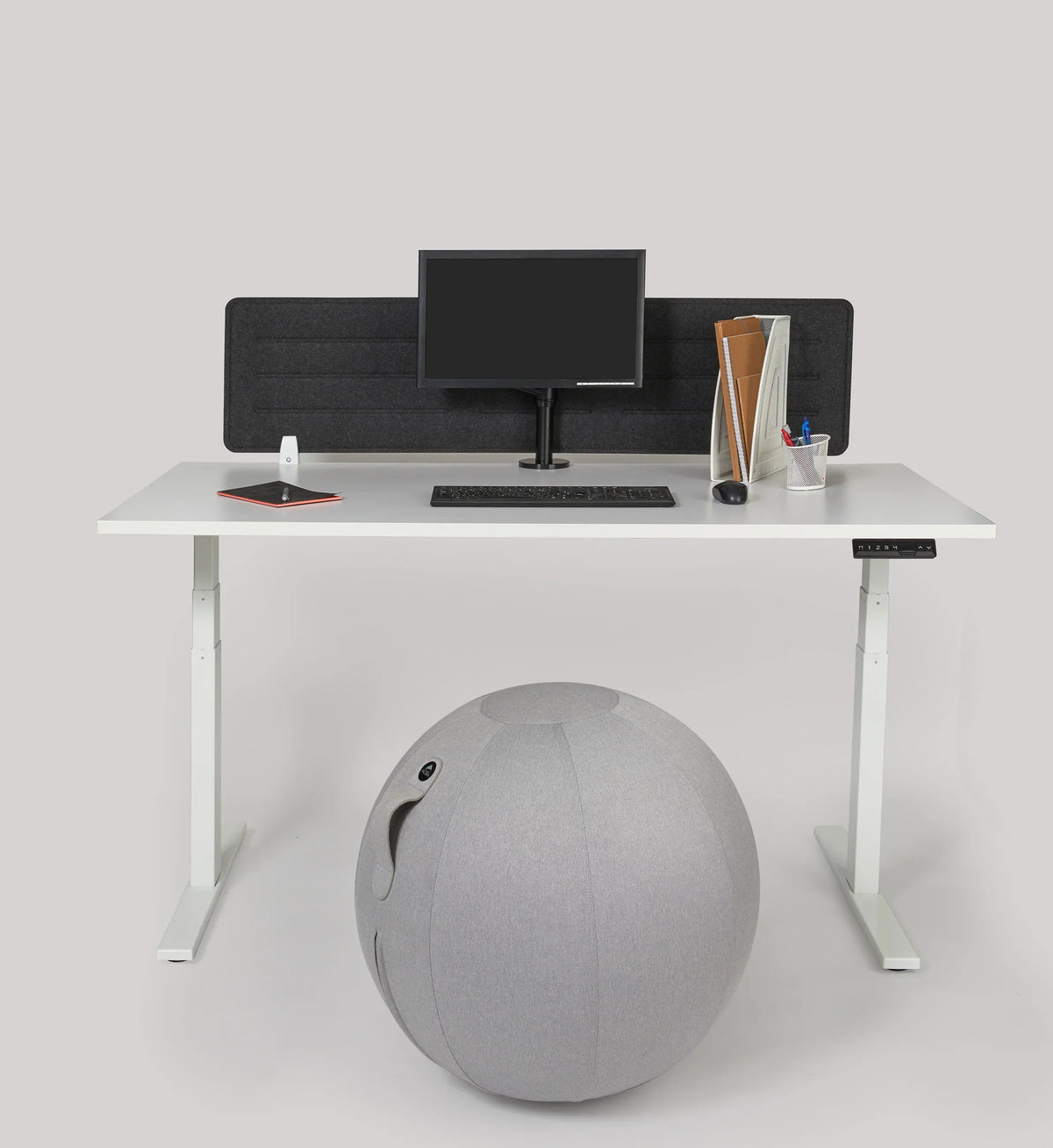 Grey Alba MoveHop ergonomic seat ball under a white standing desk workspace