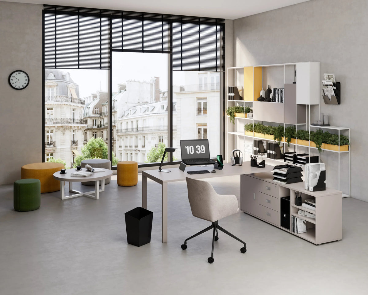 Alba O'desk metal storage module with 3 drawers integrated into a modern office workspace.