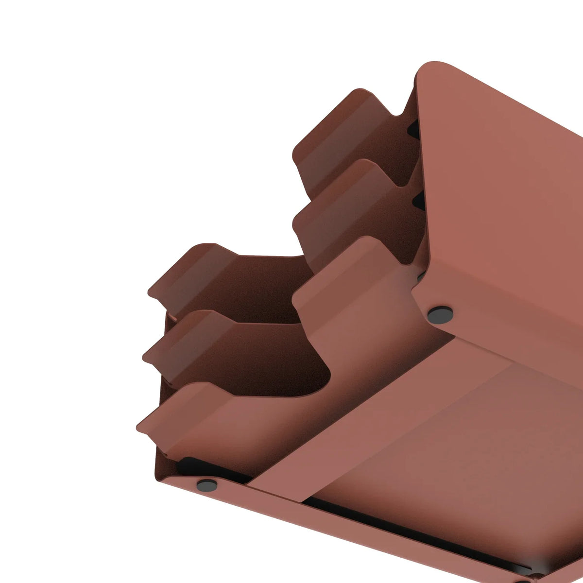 Close-up of a rust-brown Alba metal storage module with tiered pull-out drawers.