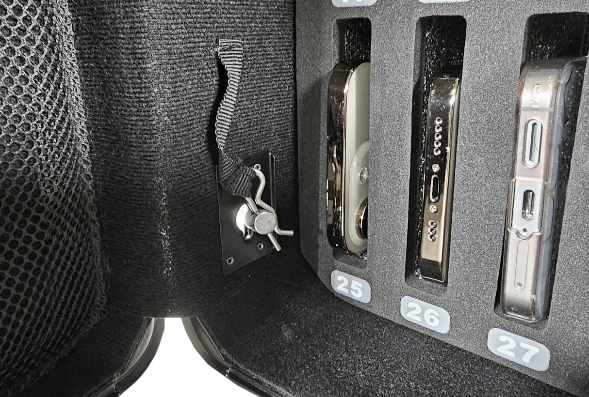 Close-up of cable lock securing a Vaultz cell phone locker in a classroom setting