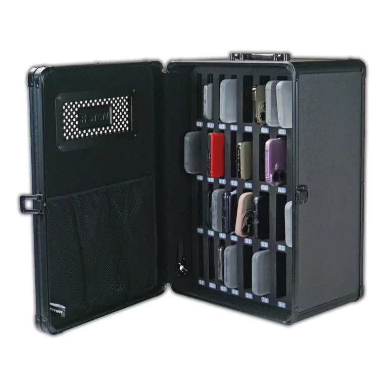 Black lockable storage case with organized compartments for calculators and office supplies