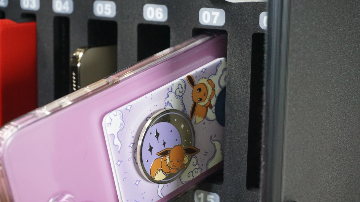 Purple phone case with cartoon fox design in aVaultz cell phone locker