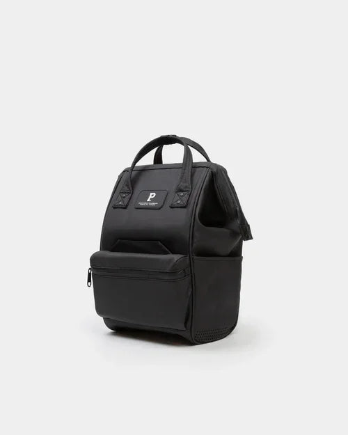 Black compact backpack with front zip pocket and dual top handles on white background