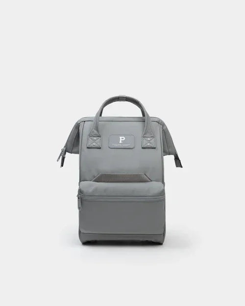 Compact gray backpack with front pocket and top handles, ideal for office or school organization