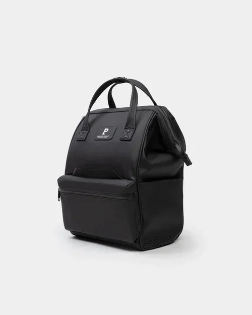 Black minimalist backpack with top handle and front pocket, ideal for office or school use