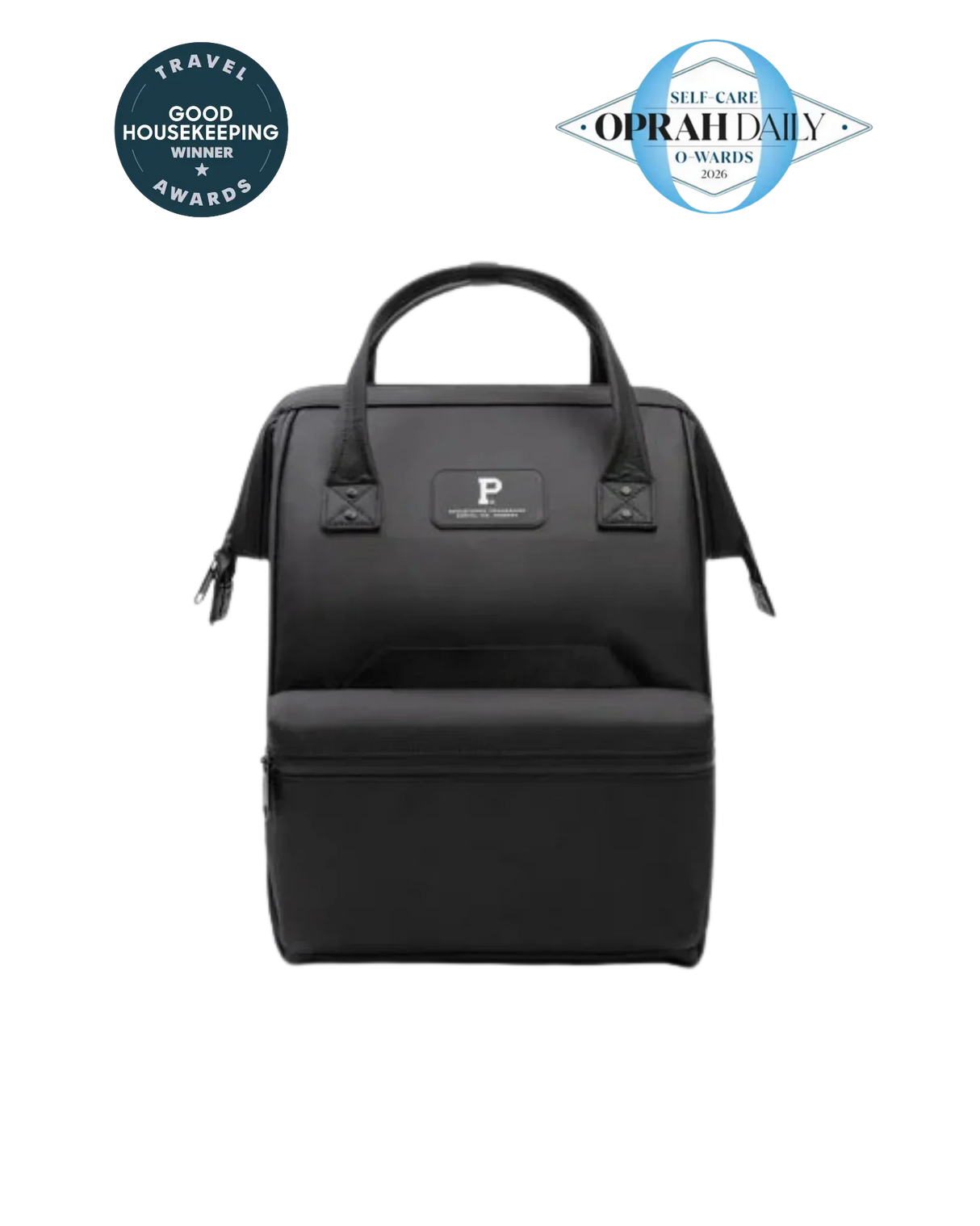 Black travel organizer bag with top handle, award-winning for self-care and travel essentials