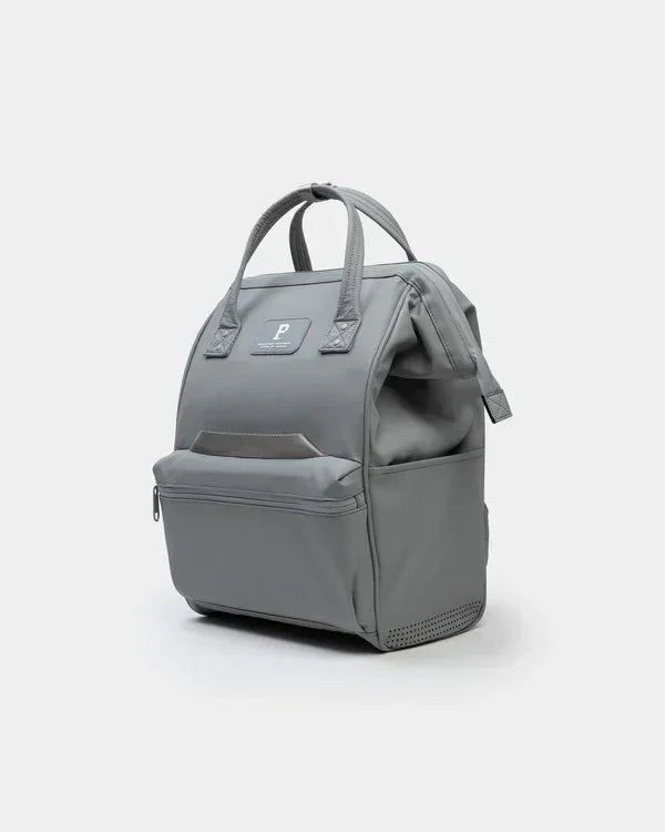 Gray backpack with top handles and front pocket, ideal for school or office use