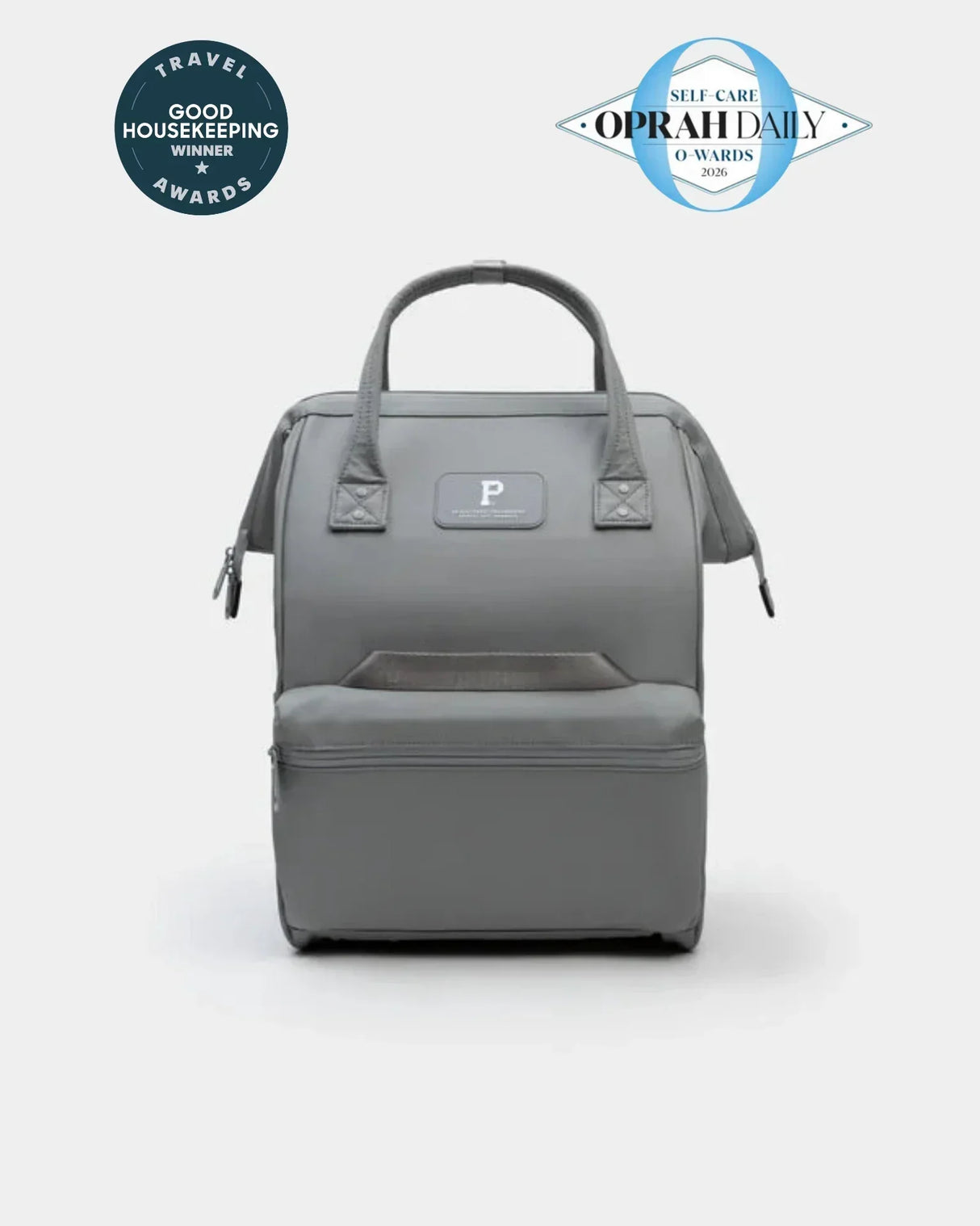 Gray travel organizer bag with top handle, award badges for Good Housekeeping and Oprah Daily O-Wards 2026