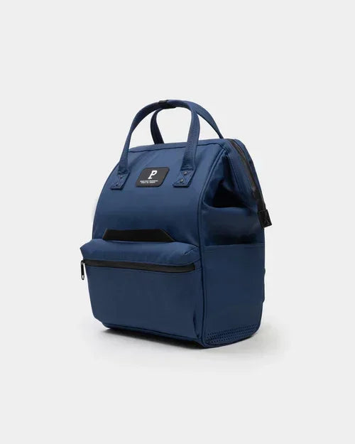 Navy blue backpack with top handle and front pocket, ideal for school or office use
