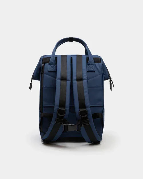 Blue backpack with black straps and padded back, ideal for school or office use