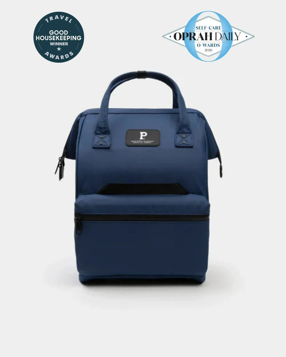 Navy blue insulated lunch bag with top handle, award badges, and front pocket for work or school meals