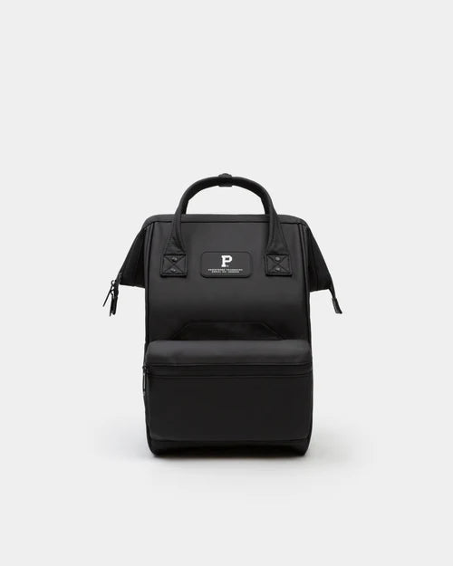Black compact backpack with top handles and front zipper pocket, photographed against white background