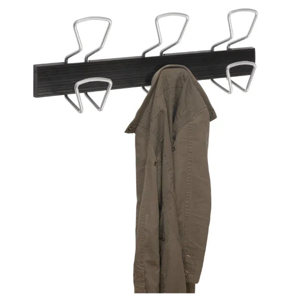 Alba wall coat peg rack with six metal hooks and a brown jacket hanging