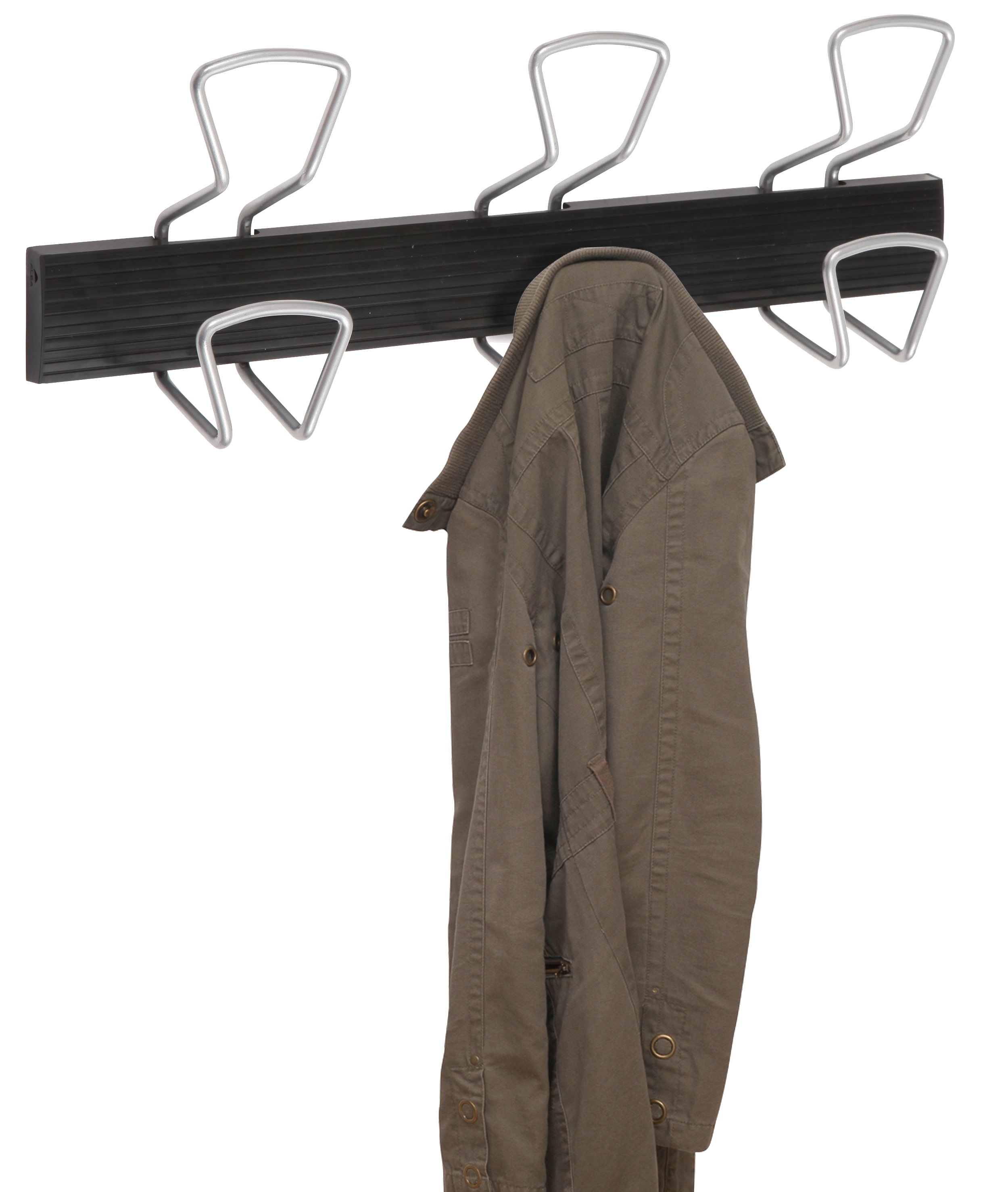 Wall-mounted coat rack with metal hooks holding a green jacket, office organizer