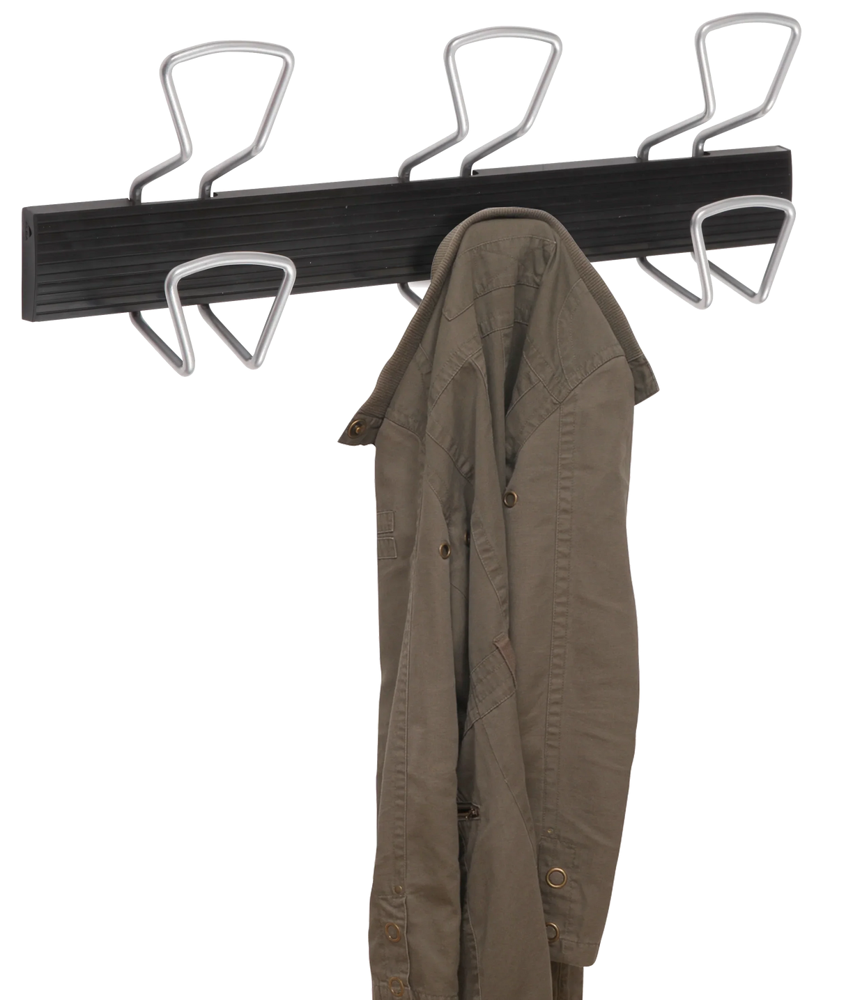 Wall-mounted coat rack with metal hooks holding a green jacket, office organizer