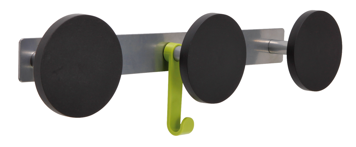 Modern wall-mounted coat rack with three black round hooks and a green hanging hook