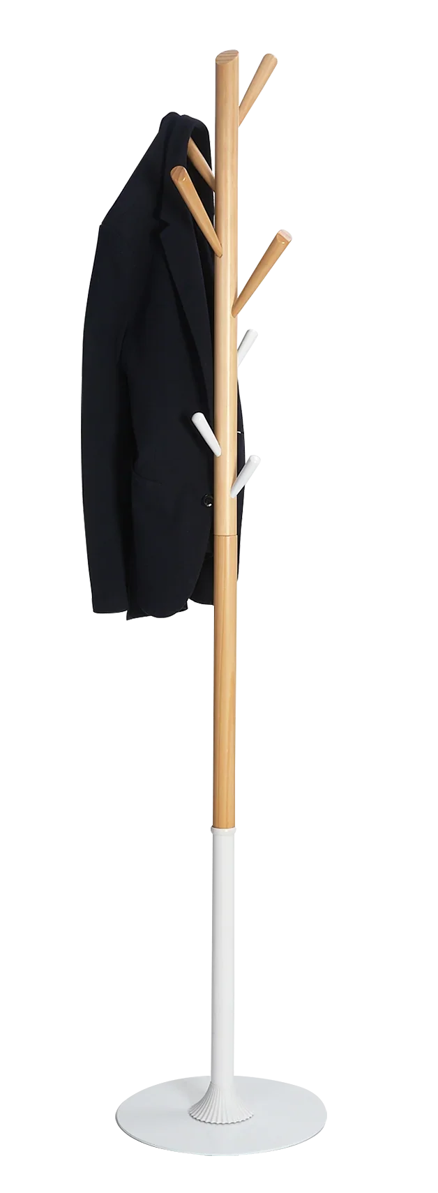 Alba TREE Natural Wood Coat Stand with a black blazer hanging on it