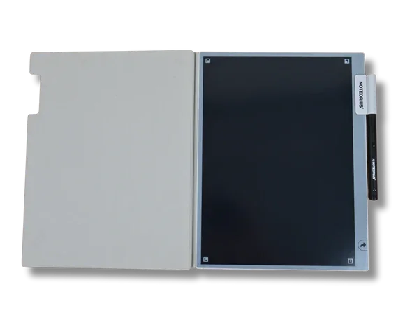 Digital writing tablet with pen on white background, ideal for office or school notes