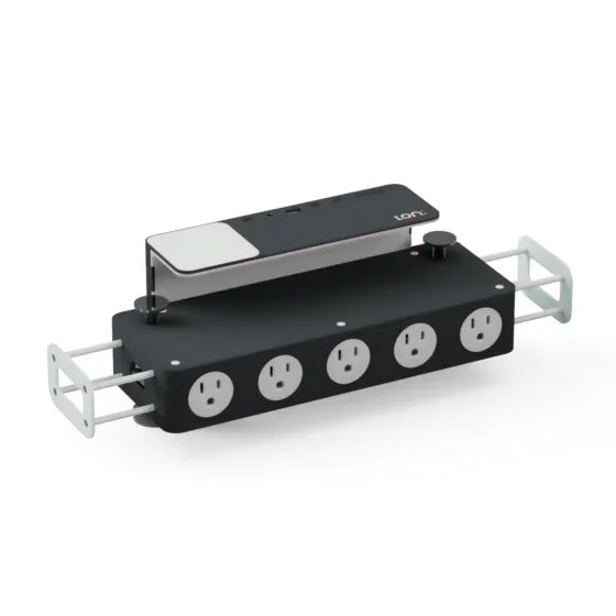 Black desk power strip organizer with four AC outlets, USB ports, and built-in device holder