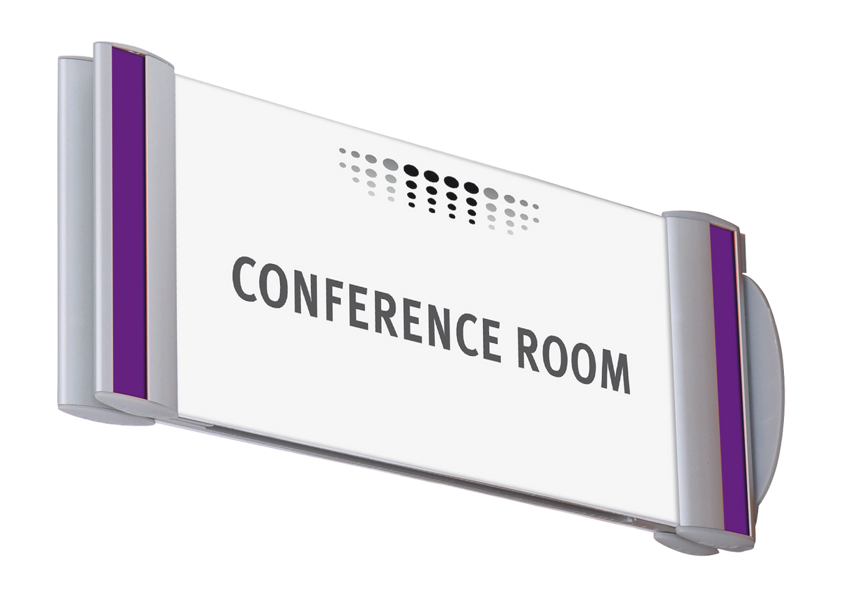 Wall-mounted conference room sign with purple accents and bold black letters