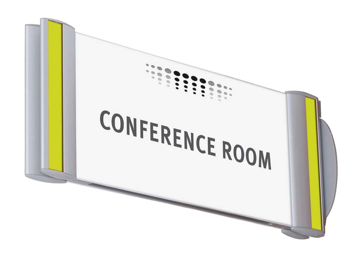 Wall-mounted conference room sign with bold text and yellow side accents